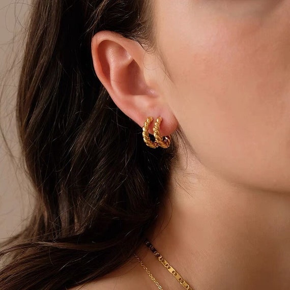 18k Gold Twisted Croissant Earrings Small Huggies Gold Mini