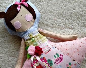Handmade Doll in Patchwork Dress, OOAK Fabric Doll, Gift for Little Girl, Cute Doll for Nursery Decor