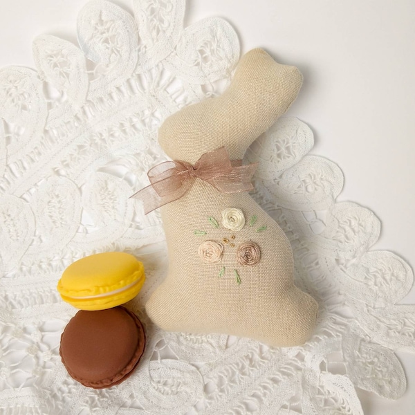 Farmhouse Bunny Easter Decor, Chocolate Bunny Ornament, Recycled Fabric Bunny Softie Toy, Vintage Linen Rabbit