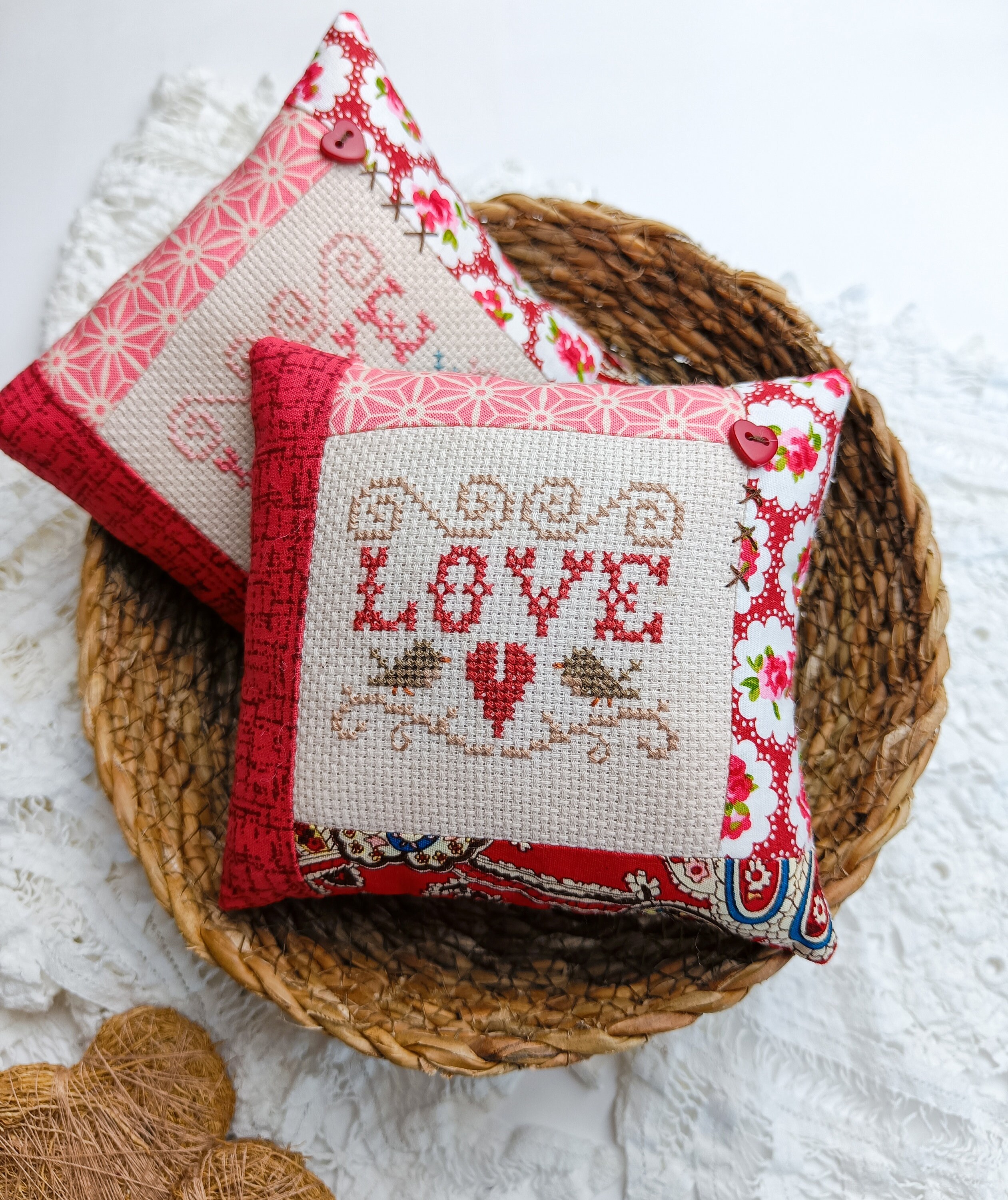 Love Cross Stitch Bowl Filler Ornament, Valentines Mini Pillow, February Tiered Tray Decor, Love Pincushion (made by order)