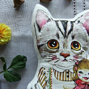 Mini Pillow Cat Image, Decorative Cat Cushion, Cute Cat on girly clothes hugging a doll