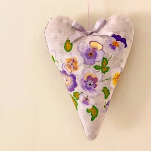 Hand-painted Pansy Fabric Heart Ornament in Purple Velvet - Vintage Pansy Flower Heart Ornament in Organza