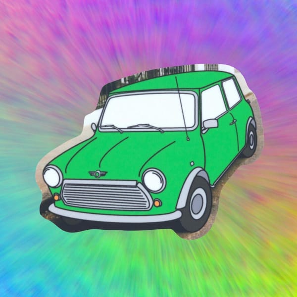 Green Mini Cooper Sticker // Mixed Media Car Sticker // Matte Vinyl - Vehicle, London, Cartoon, Car Enthusiast, Mini BMW