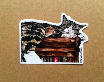 Tabby Cat And Books Vinyl Sticker