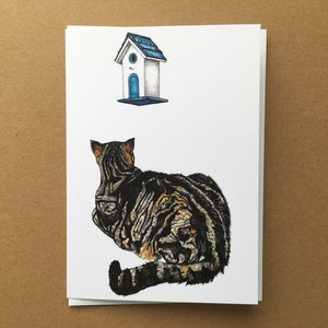 Carte chat, carte de voeux vierge, carte d'ornithologie, carte d'ornithologue, carte de chat, carte d'oiseau, carte d'observation des oiseaux, carte d'anniversaire de chat, carte d'intérieur vierge
