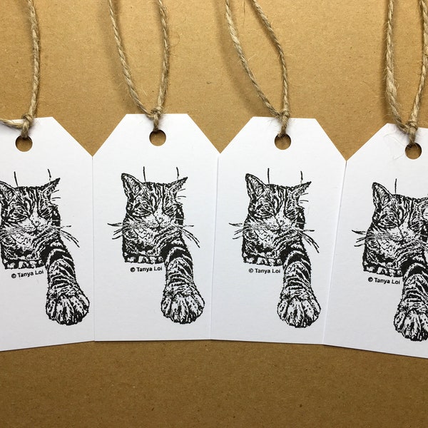 Hand printed Cat Gift Tags (Pack of 4), Black Cat Gift Tags, Lino Print Gift Tags, Tabby Christmas Tags, Birthday Gift Tags, Gift Tags Small