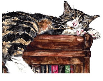 Carte chat, Carte de voeux chat, Carte d'anniversaire de chat, Carte de chats et de livres, Carte de voeux, Carte pour les amoureux des chats, Carte intérieure vierge, Cartes d'art, Chats