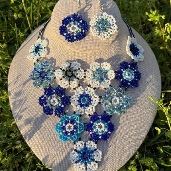 Handmade Blue Floral Beaded Necklace & Earring Set