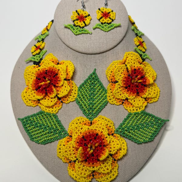 Handmade Beaded Floral Jewelry Set: 3D Yellow Flower Necklace & Earrings