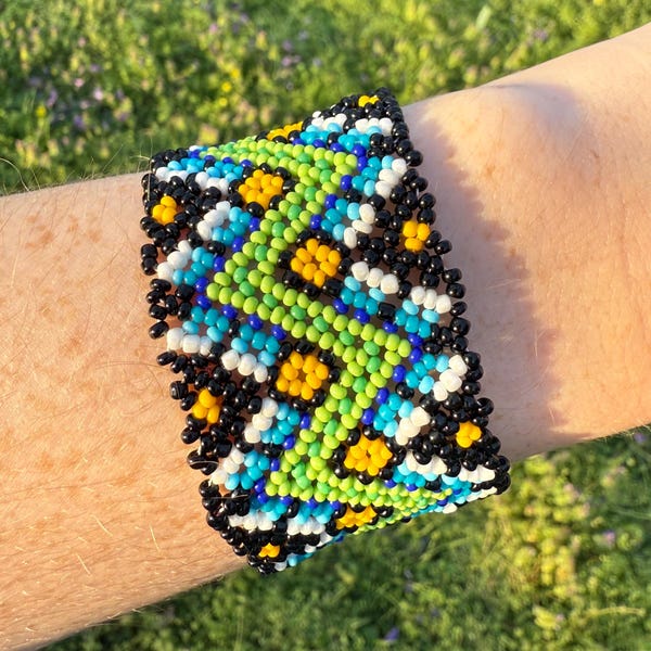 Intricate Beaded Bracelet – Wide Handmade Jewelry with Ball and Loop Clasp