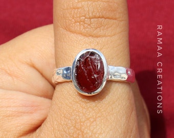 Raw Red Garnet Silver Ring | Natural Oval Red Garnet Hammered Ring | Sterling Silver 925 | January Birthstone | Handmade Jewelry