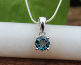 London Blue Topaz Pendant | Natural London BT Stone Round Design | November Birthstone | Sterling Silver 925 | Handmade Jewelry