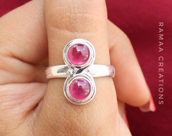 Natürliche Rubin Silber Ring | Doppel Rubin Runde Cabochon handgemachte Ring | Juli Birthstone | Sterling Silber 925 | Handgemachte Schmuck