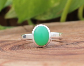 Chrysoprase Silver Ring | Natural Chrysoprase Oval Cabochon Dainty Boho Ring | Sterling Silver 925 | Handmade Jewelry