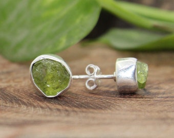 Raw Peridot Earrings | Natural Peridot Stud | August Birthstone | Gemstone Earrings |  Sterling Silver 925 | Handmade Jewelry
