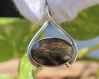 Schwarz rutilated Quarz Anhänger | Natürliche schwarze Rutile Stein Oval facettierten Design | Sterling Silber 925 | Handgemachte Schmuck