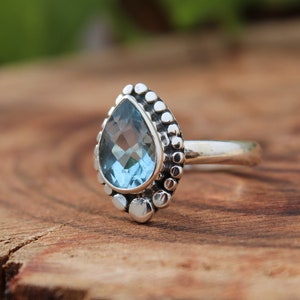 Blue Topaz Silver Ring | Natural Blue Topaz Faceted Teardrop Dainty Boho Ring | Sterling Silver 925 | December Birthstone | Handmade Jewelry