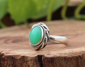 Chrysoprase Ring | Natural Chrysoprase Oval Cabochon Dainty Boho Ring | Sterling Silver 925 | Handmade Jewelry