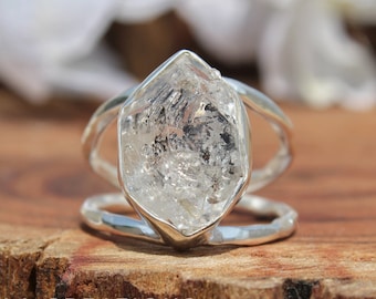 Raw Herkimer Diamond Ring | Natural Herkimer Split Shank Handmade Hammered Silver Ring | April Birthstone | Sterling Silver 925