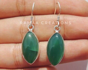 Green Onyx Earrings | Natural Green Onyx Cabochon Dangle & Drop | Sterling Silver 925 | Green Onyx Jewelry | Personalized Handmade Gifts