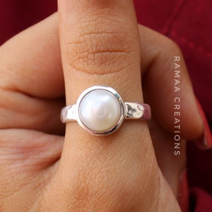 Pearl Silver Ring | Natural Pearl Sterling Silver 925 Hammered Ring | June Birthstone | Handmade Jewelry