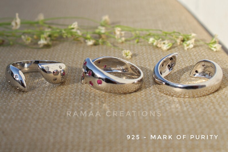 Diamond or Black Diamond or Ruby Solid Silver Open Band Ring Sterling Silver 925 Promise Ring