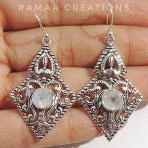 Moonstone Earrings | Natural Rainbow Moonstone Round Dangle & Drop | Moonstone Jewelry | Sterling Silver 925