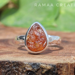 Raw Amber Ring | Natural Pear Baltic Amber Hammered Ring | Sterling Silver 925 | November Birthstone | Handmade Jewelry