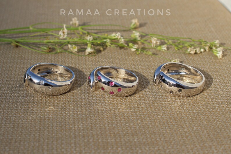 Diamond or Black Diamond or Ruby Solid Silver Open Band Ring Sterling Silver 925 Promise Ring