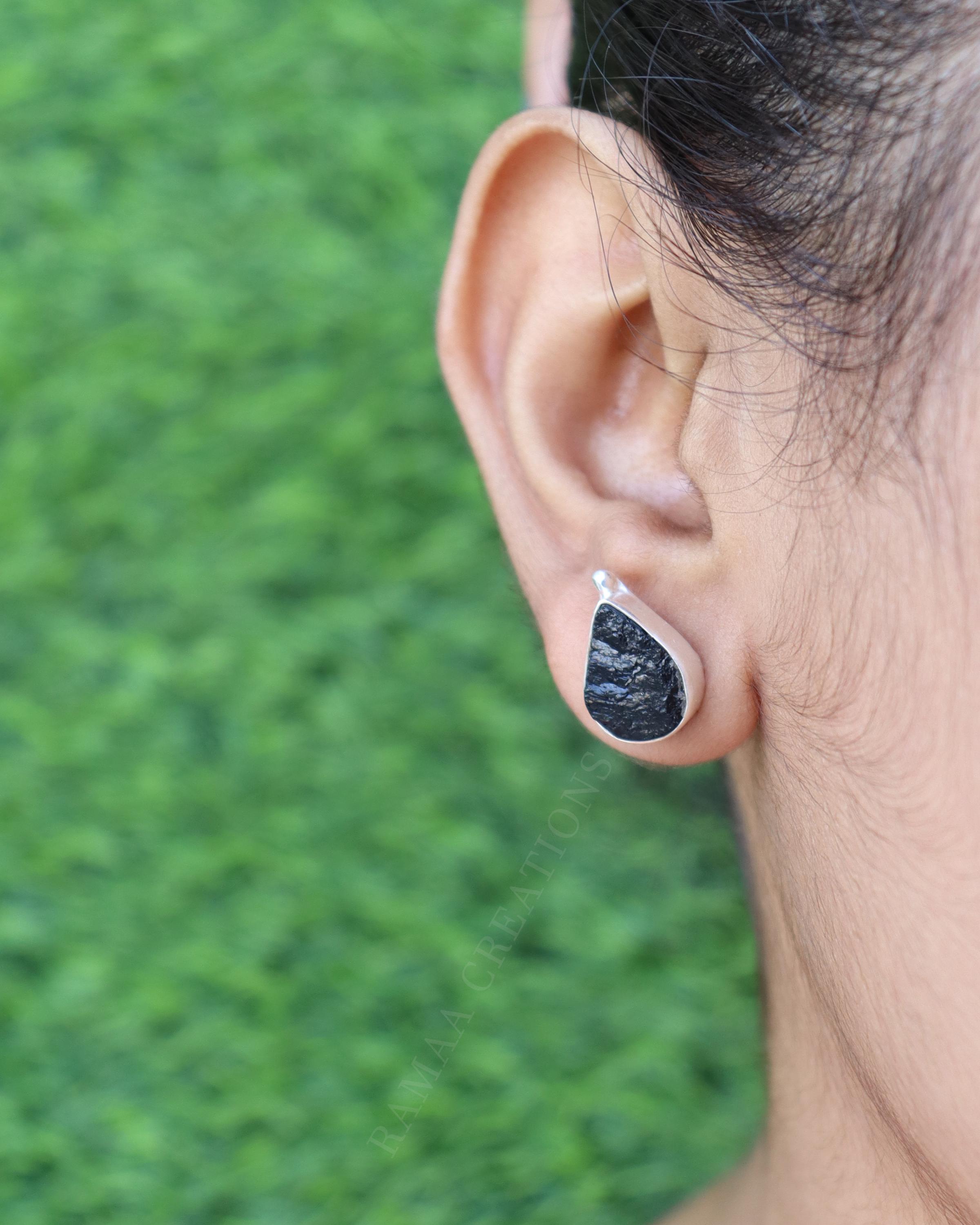 Black Tourmaline Studs | Raw Black Tourmaline Silver Earrings | October Birthstone | Genuine Rough Tourmaline Handmade Earrings