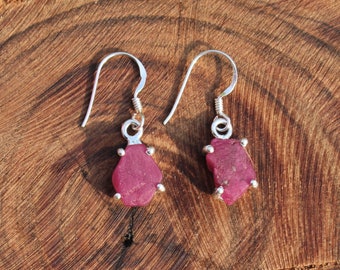 Raw Ruby Earrings | Natural Ruby Silver Handmade Dangles | July Birthstone | Sterling Solid Silver 925 | Handmade Jewelry