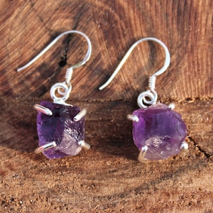 Raw Natural Amethyst Stone Handmade Silver Drop Earrings | April Birthstone | Raw Gemstone Earrings | Sterling Solid Silver 925