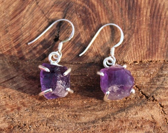 Raw Natural Amethyst Stone Handmade Silver Drop Earrings | April Birthstone | Raw Gemstone Earrings | Sterling Solid Silver 925