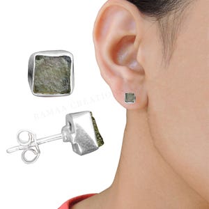 Authentic Moldavite Studs | Raw  Moldavite Silver Earrings | Rough Moldavite Meteorite Studs | Sterling Silver 925 | Handmade Jewelry