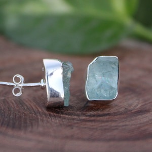 Raw Aquamarine Earrings | Natural Aquamarine Stud | March Birthstone | Gemstone Earrings | Sterling Silver 925 | Handmade Jewelry