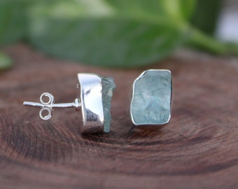 Raw Aquamarine Earrings | Natural Aquamarine Stud | March Birthstone | Gemstone Earrings | Sterling Silver 925 | Handmade Jewelry