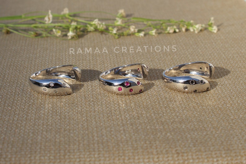 Diamond or Black Diamond or Ruby Solid Silver Open Band Ring Sterling Silver 925 Promise Ring