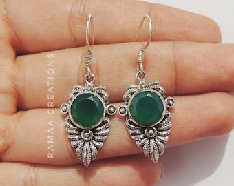 Green Onyx Earrings | Natural Green Onyx Round Dangle & Drop | Sterling Silver 925 | Green Onyx Jewelry | Personalized Handmade Gifts