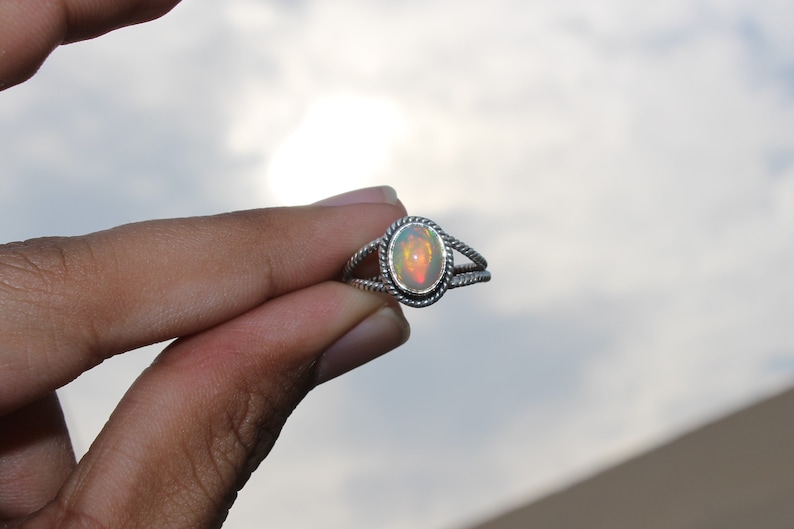 Ethiopian Fire Opal Silver Ring October Birthstone Natural Fire Opal Oval Cabochon Dainty Boho Ring Sterling Silver 925
