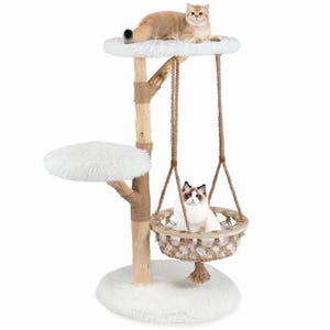 Natural Wood Cat Tree with Hammock, Multi-Level Climbing Condo, Modern Pet Furniture