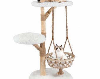 Natural Wood Cat Tree with Hammock, Multi-Level Climbing Condo, Modern Pet Furniture
