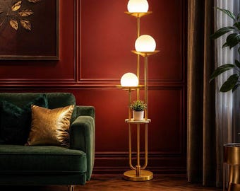 Mid-Century Modern Orange Globe Floor Lamp with Shelf, Dimmable Standing Light (Bulbs Included)