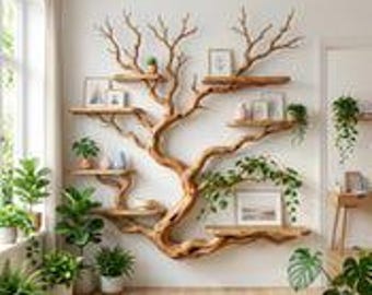 Tree driftwood branch floating bookshelf art entryway decorative shelf rustic wall mount wood