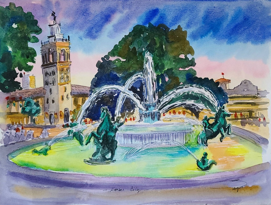 The Plaza Fountain Kansas City at sunset. Original 12x16 Etsy