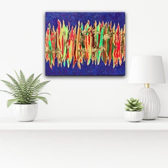 金箔と金縁の抽象アクリル流し込み絵画、青い多色流体アート、新進