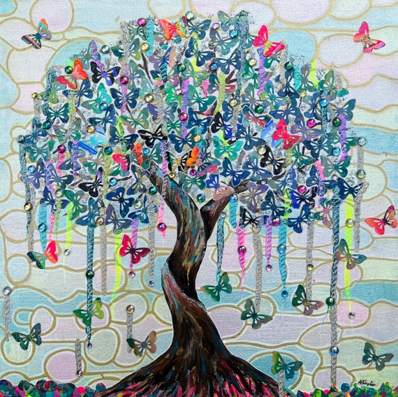 Original Butterfly Tree Acrylic Paint Skin Painting Art Jewel