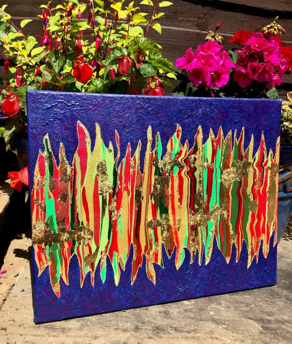 金箔と金縁の抽象アクリル流し込み絵画、青い多色流体アート、新進