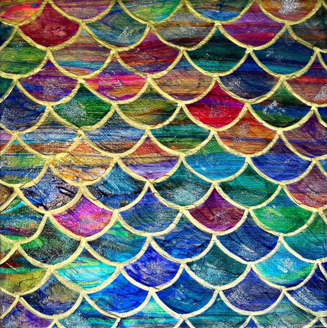 Original Mermaid Scales Painting on Canvas, Stained Glass Effect