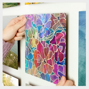 Floral Glass Wall Tile, Wall Art, Colourful Abstract Flower Embellished Print, Square Glass Tile, Interior Design, Vibrant Colours 8&quot; x 8&quot;