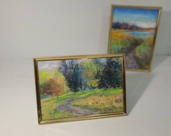 Vintage 5"x7" Brass Frame w/Original Art. Soft Pastel Landscape by Debbie Robinson. Vintage Framed Art.